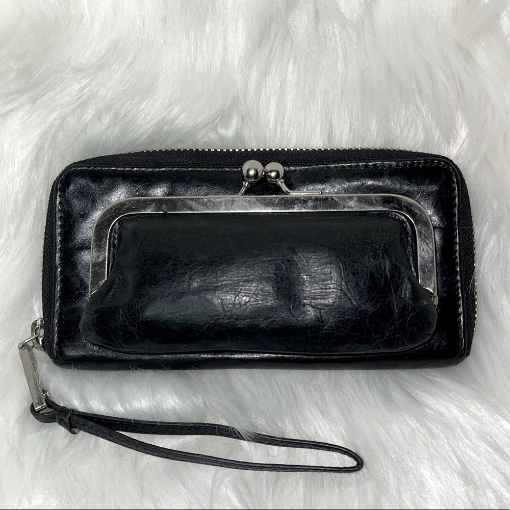 HOBO Leather Wristlet Wallet Black Silver Hardware